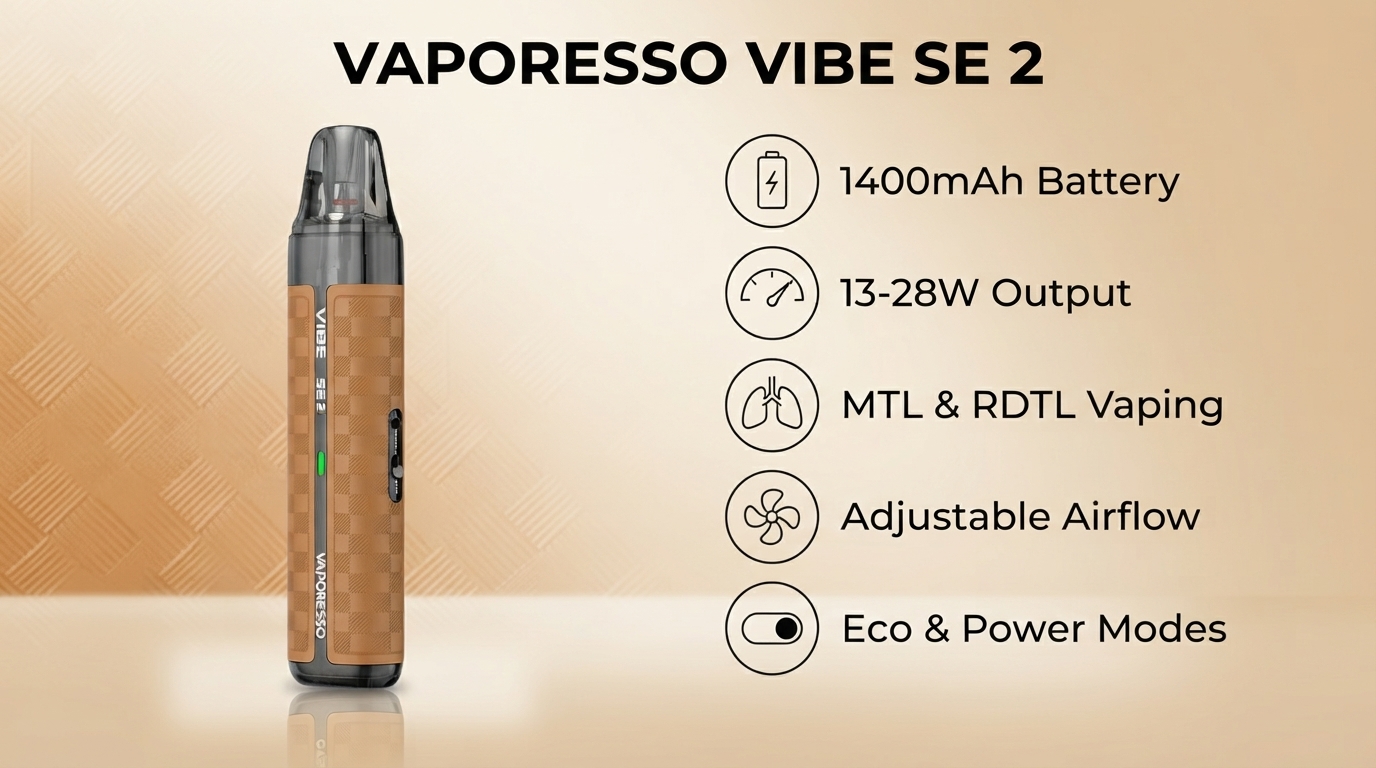 Vaporesso Vibe SE 2 features: 1400mAh battery, 13-28W, MTL and RDTL, adjustable airflow