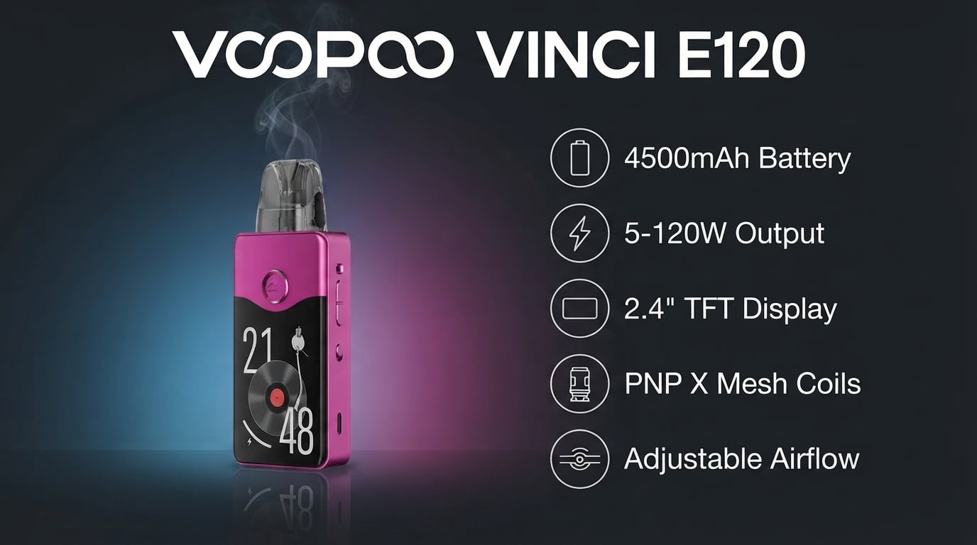 Voopoo Vinci E120 features: 4500mAh battery, 5-120W output, 2.4 inch TFT display, PNP X mesh coils and adjustable airflow