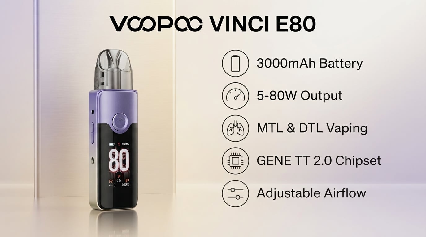 Voopoo Vinci E80 features: 3000mAh battery, 5-80W output, MTL and DTL vaping, GENE TT 2.0 chipset, adjustable airflow