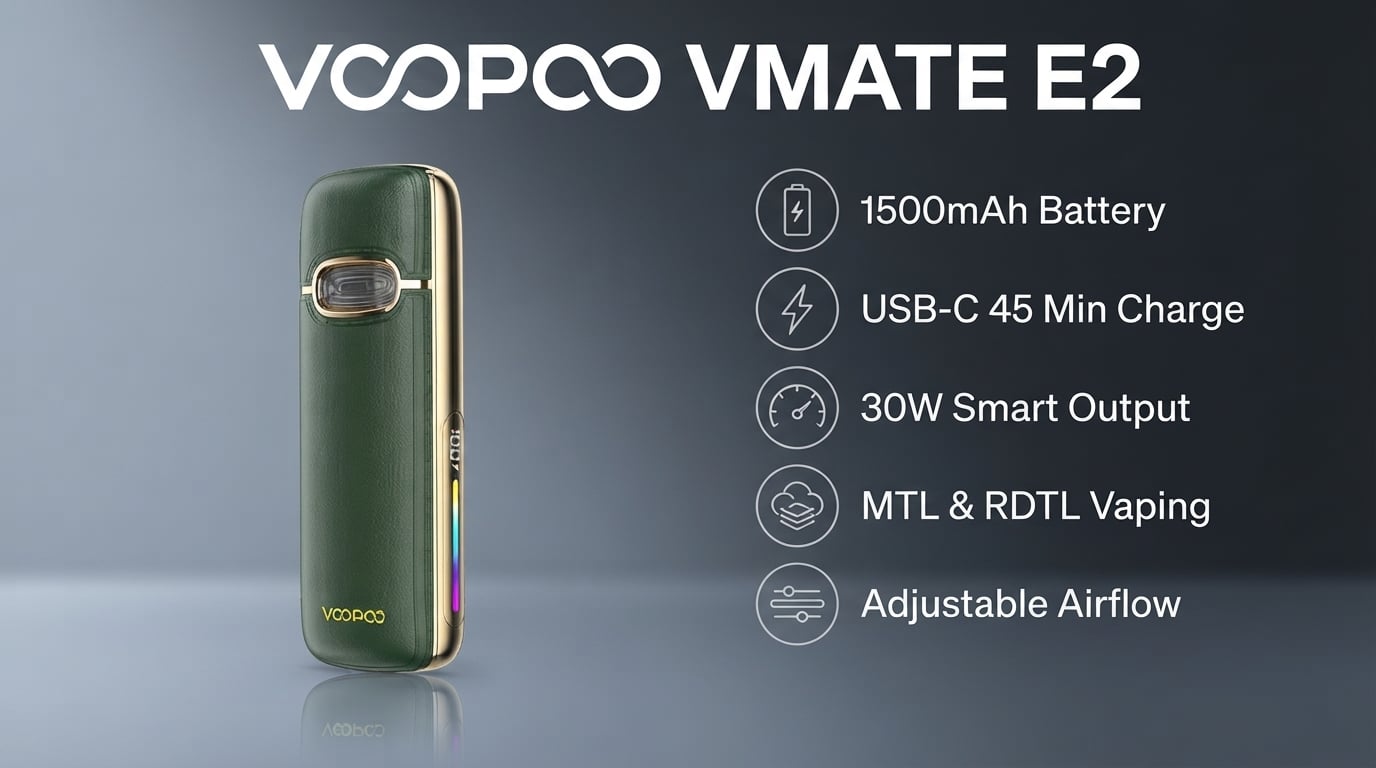 Voopoo Vmate E2 features: 1500mAh battery, up to 30W, MTL and RDTL, adjustable airflow