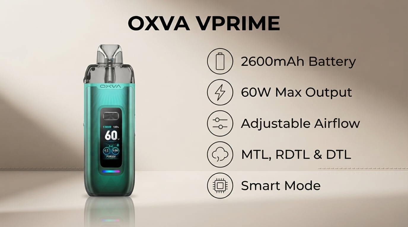 OXVA VPrime Pod Kit features: 2600mAh battery, 60W output, adjustable airflow, MTL RDTL and DTL vaping and Smart Mode