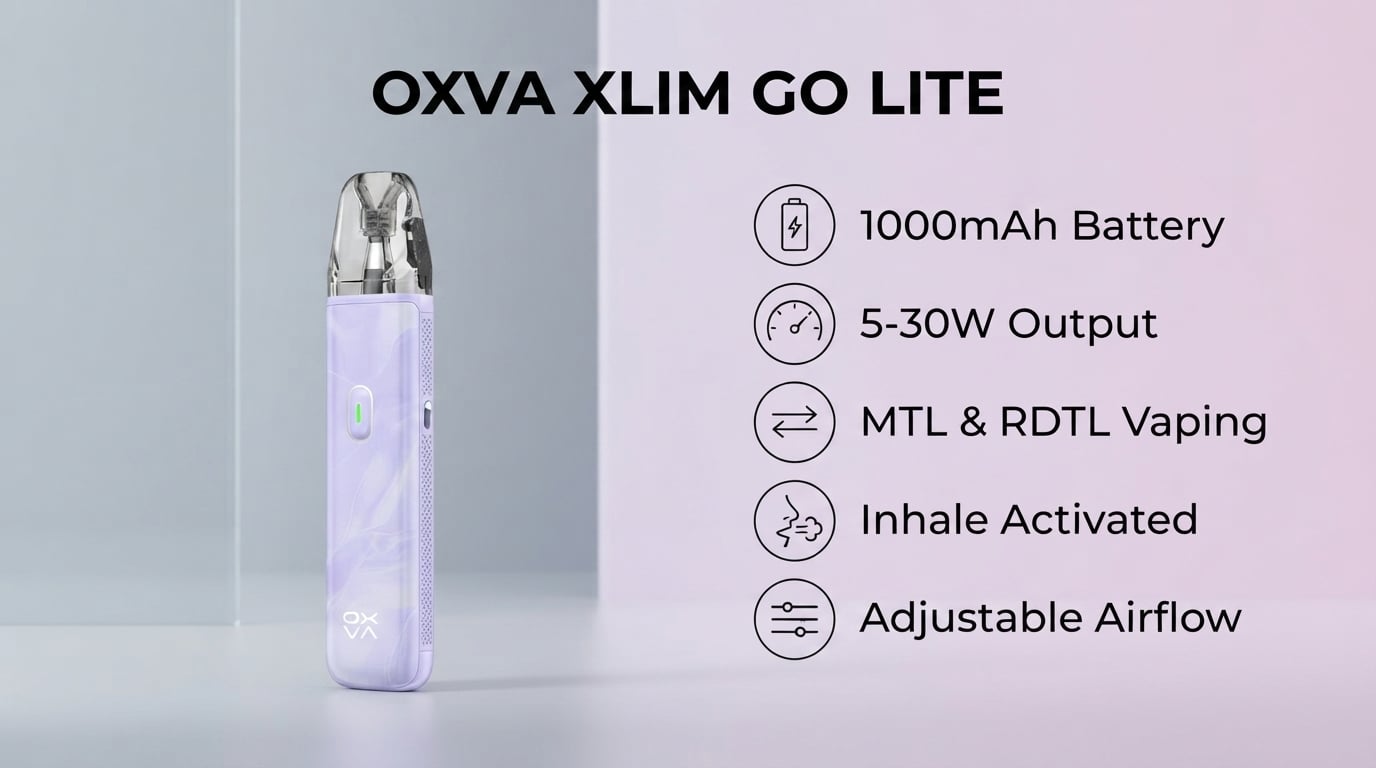OXVA Xlim Go Lite Pod Kit feature list with 1000mAh battery and 5-30W output
