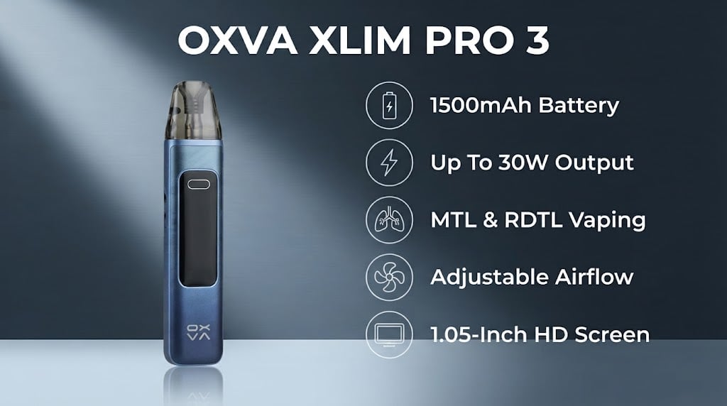 OXVA Xlim Pro 3 features: 1500mAh battery, up to 30W, MTL and RDTL, adjustable airflow, HD screen