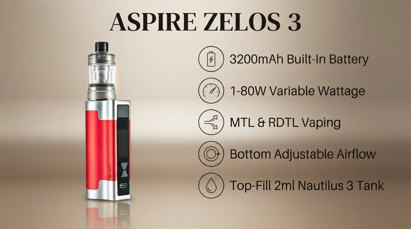 Aspire Zelos 3 features: 3200mAh battery, 1-80W, MTL and RDTL vaping