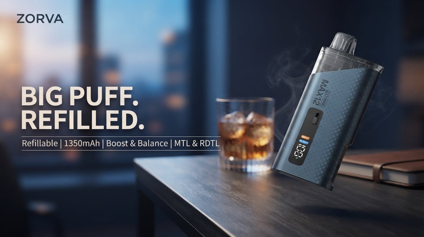 Zorva Max 12 Pod Kit on a desk at dusk