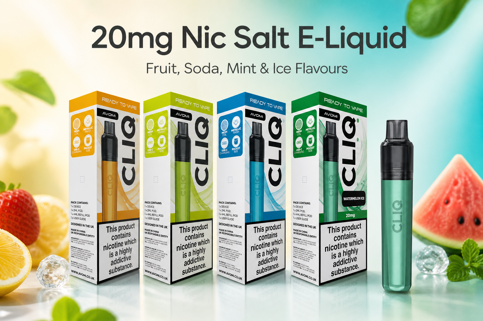 Avomi Cliq Mini 20mg nicotine salt flavour range banner