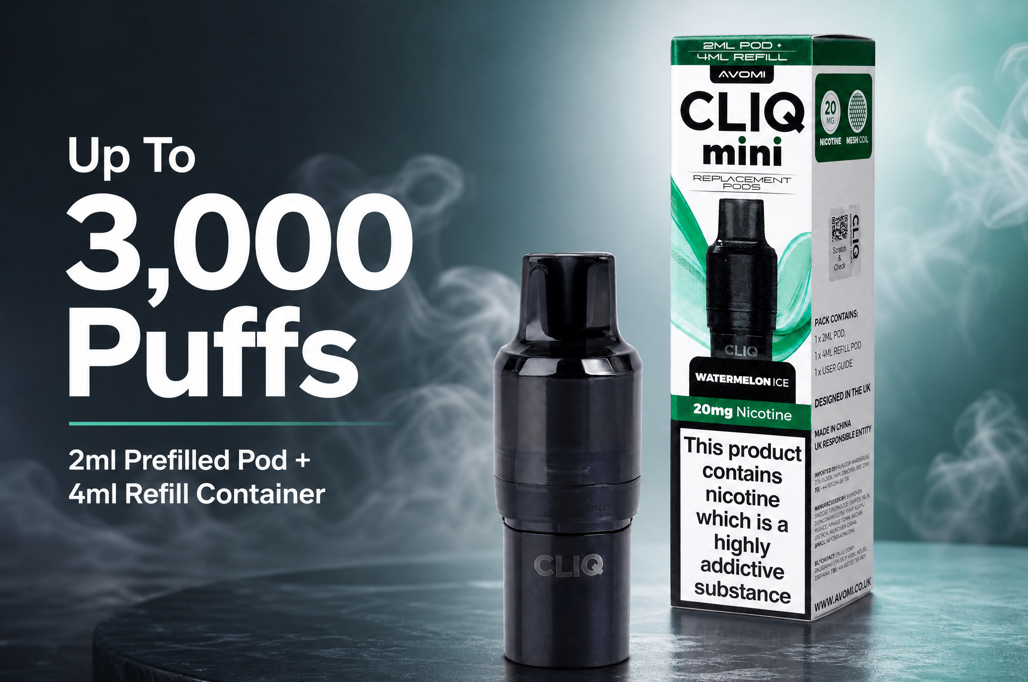 Avomi Cliq Mini 2ml prefilled pod and 4ml refill container banner