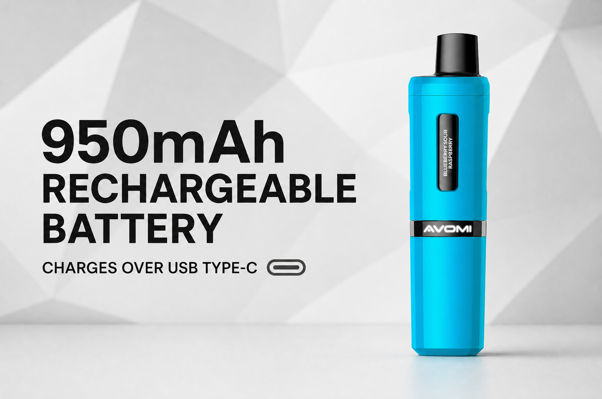 Avomi Fliq 950mAh rechargeable battery and USB Type-C charging banner