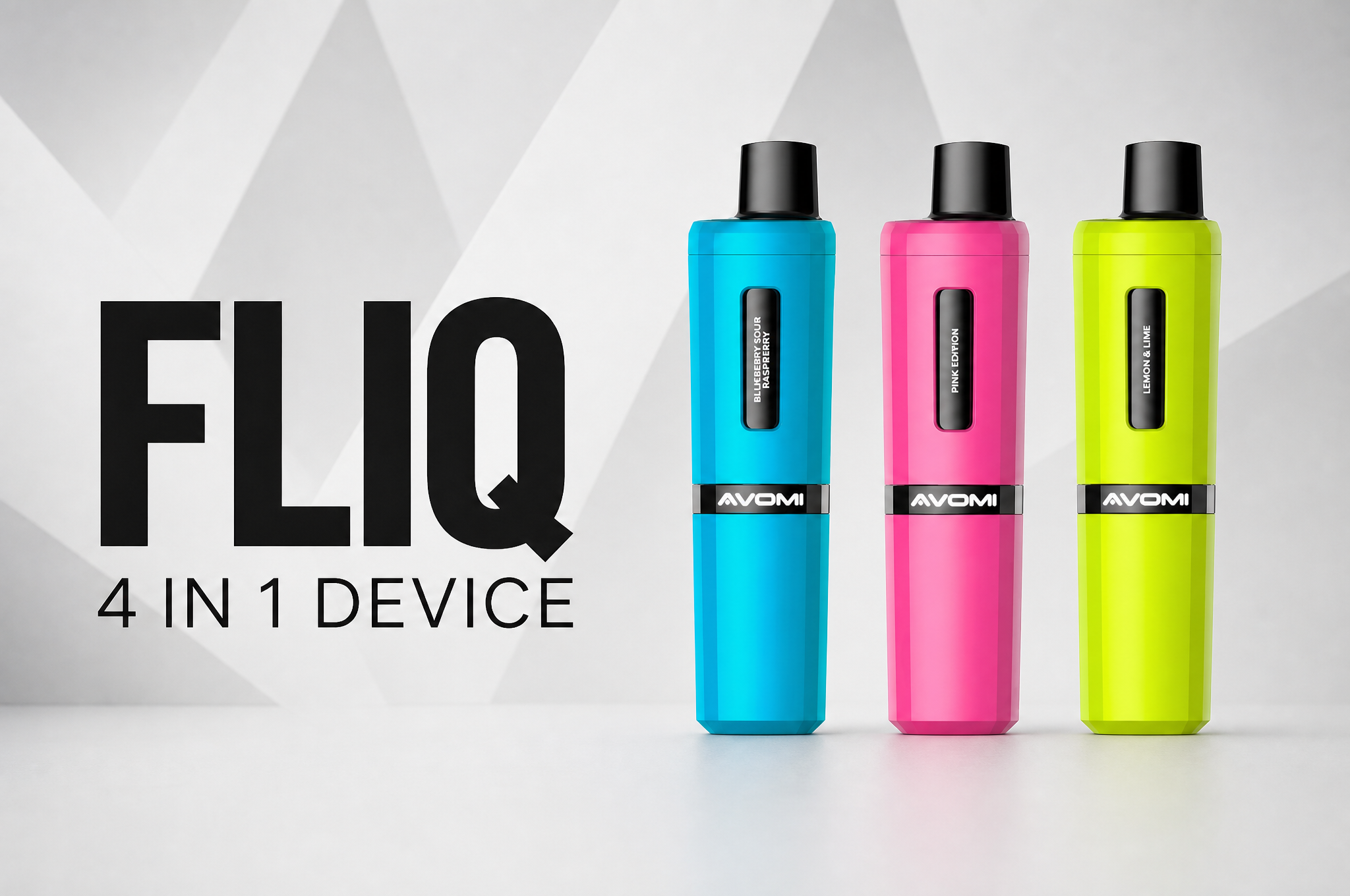 Avomi Fliq 4 in 1 prefilled pod kit banner with three device colours