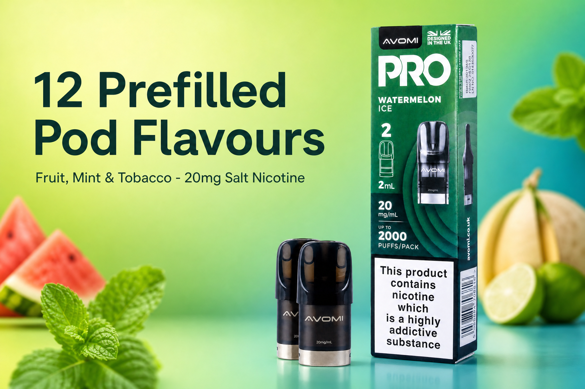 Avomi Pro 12 prefilled pod flavours banner with the retail pack
