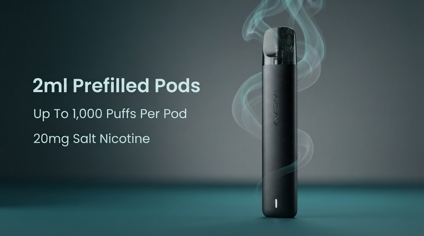 Avomi Pro 2ml prefilled pod and 1000 puffs per pod banner