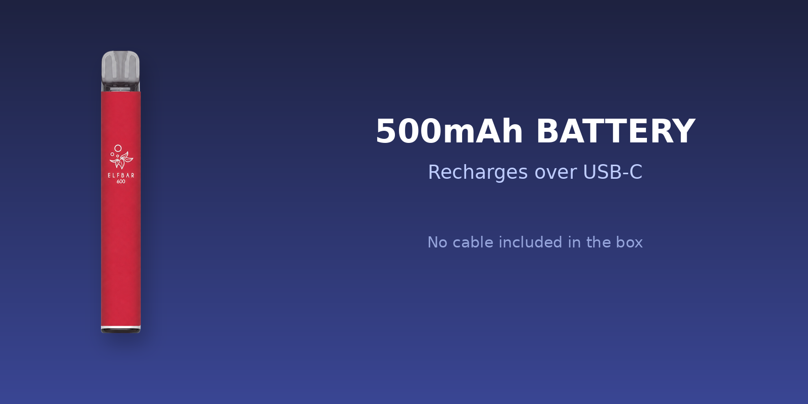 Elf Bar 600 Pod Kit device showing the 500mAh battery and USB-C charging port