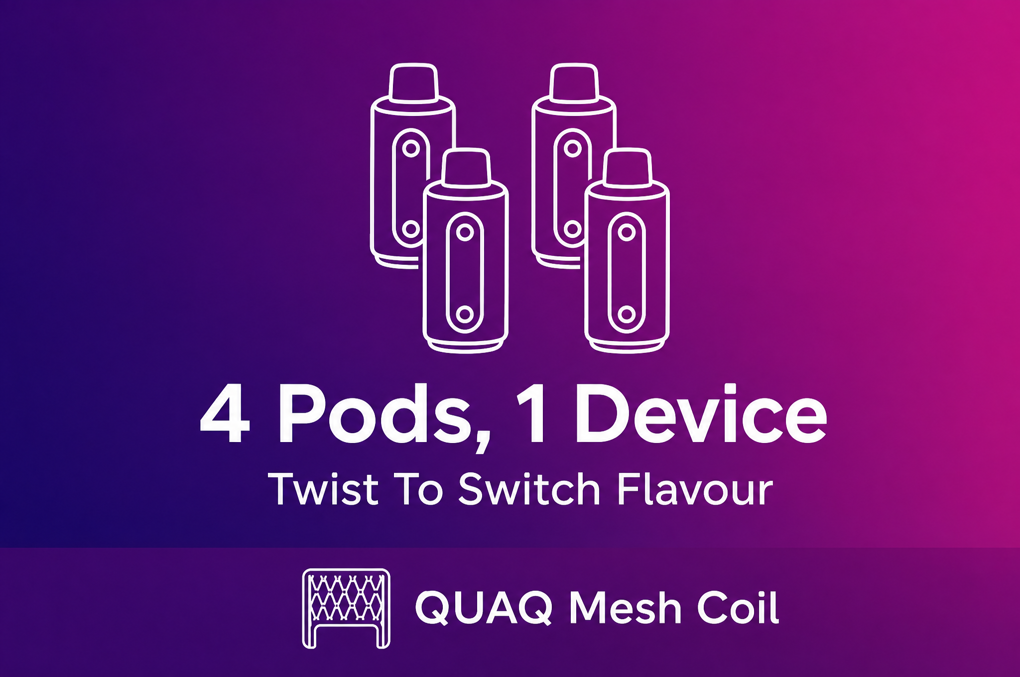 Four Elf Bar 4 in 1 prefilled pods next to the QUAQ mesh coil icon, showing the twist to switch mechanism
