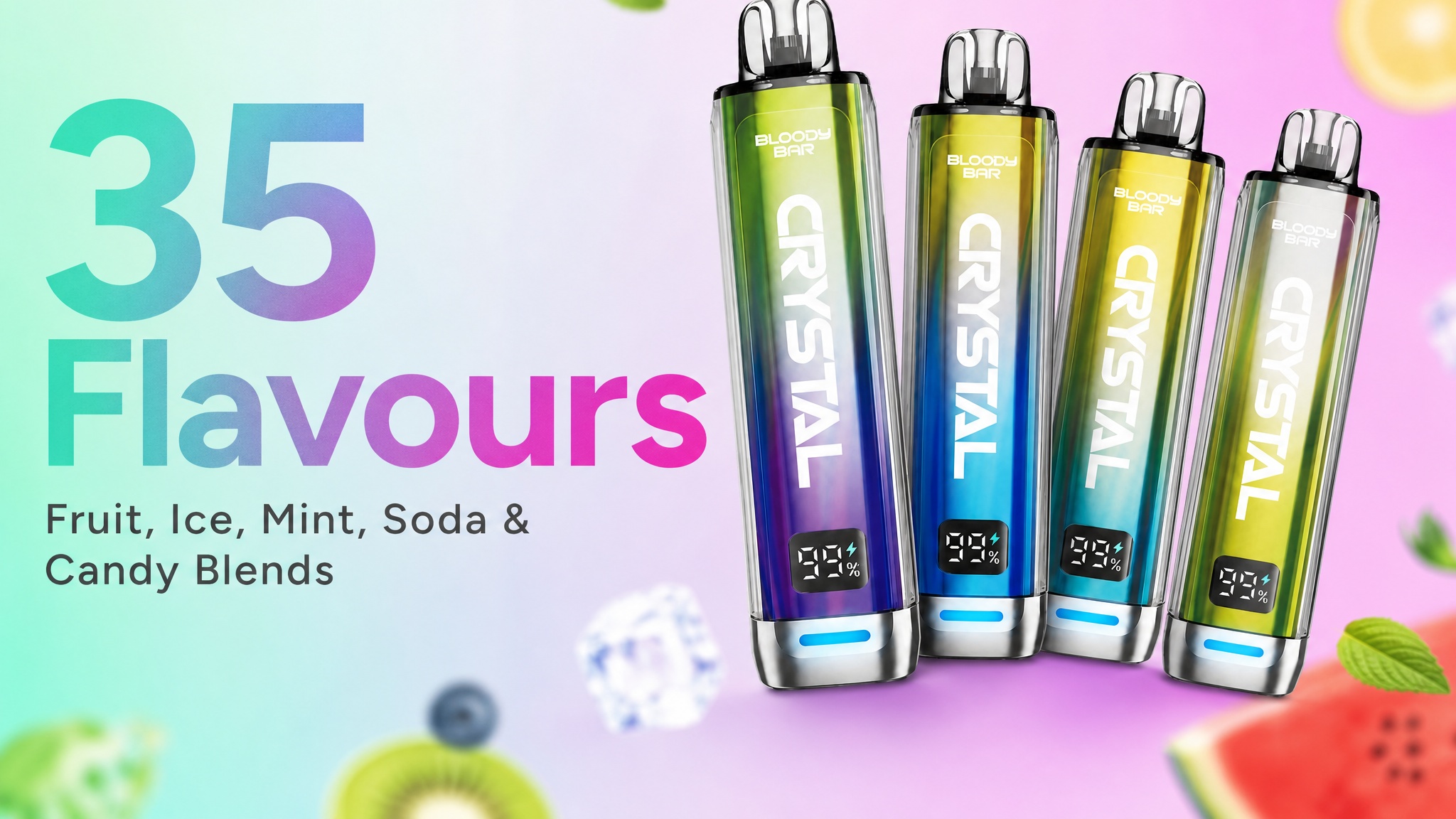 Bloody Bar Crystal 10K 35 flavour range banner with four device finishes