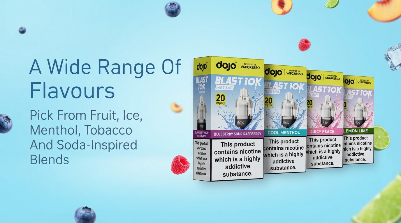 Dojo Blast 10K wide flavour range banner with refill pack boxes