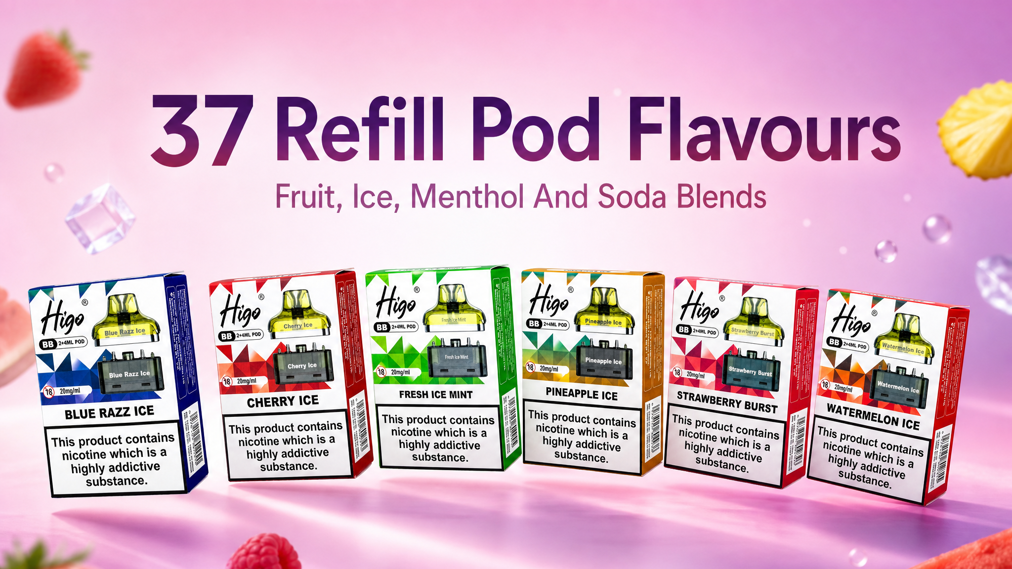 Higo BB 4000 37 refill pod flavours banner with retail packs