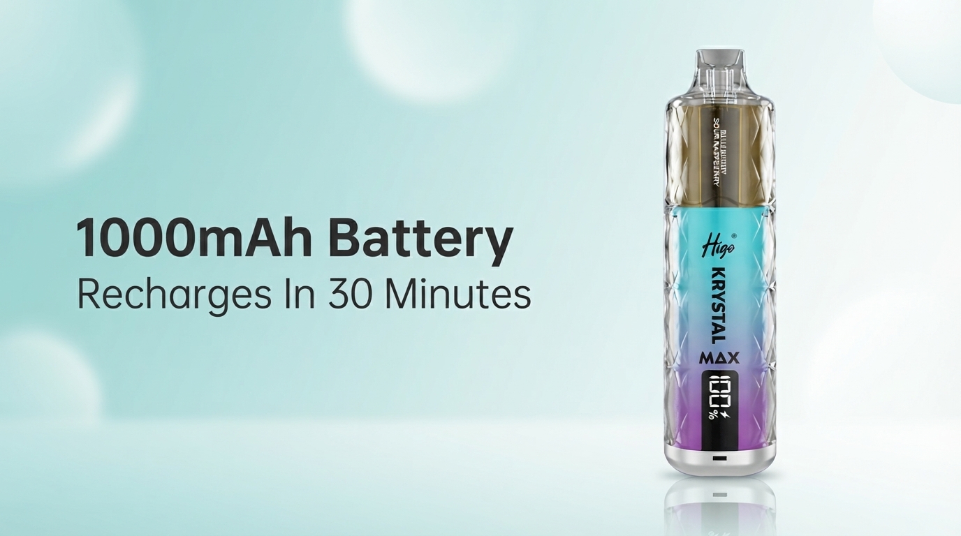 Higo Krystal Max 1000mAh battery and 30 minute charging banner