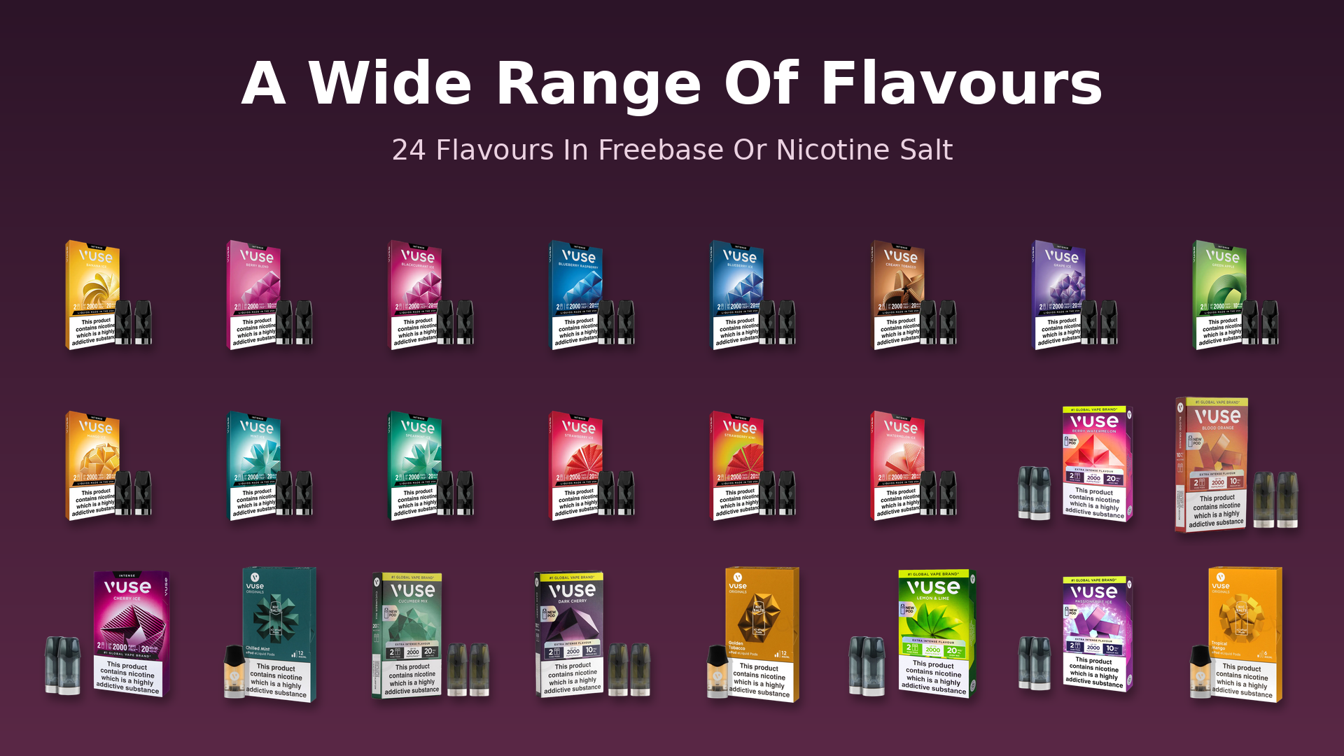 Vuse Pro Vape Device 24 pod flavours range banner