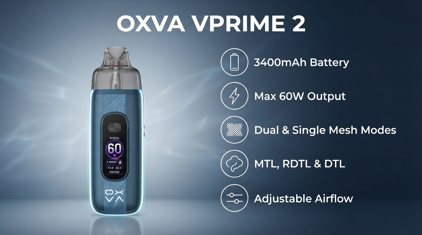 OXVA VPrime 2 Pod Kit features: 3400mAh battery, max 60W output, dual and single mesh modes, MTL RDTL and DTL vaping and adjustable airflow