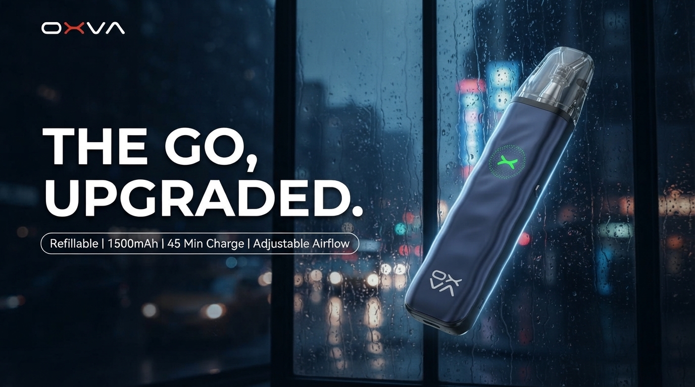 OXVA Xlim Go 2 Pod Kit in Metal Blue by a rainy city window at night
