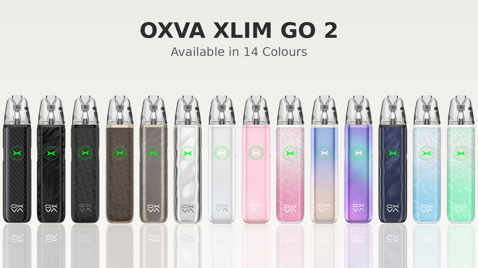 OXVA Xlim Go 2 Pod Kit lineup shown in all fourteen colours