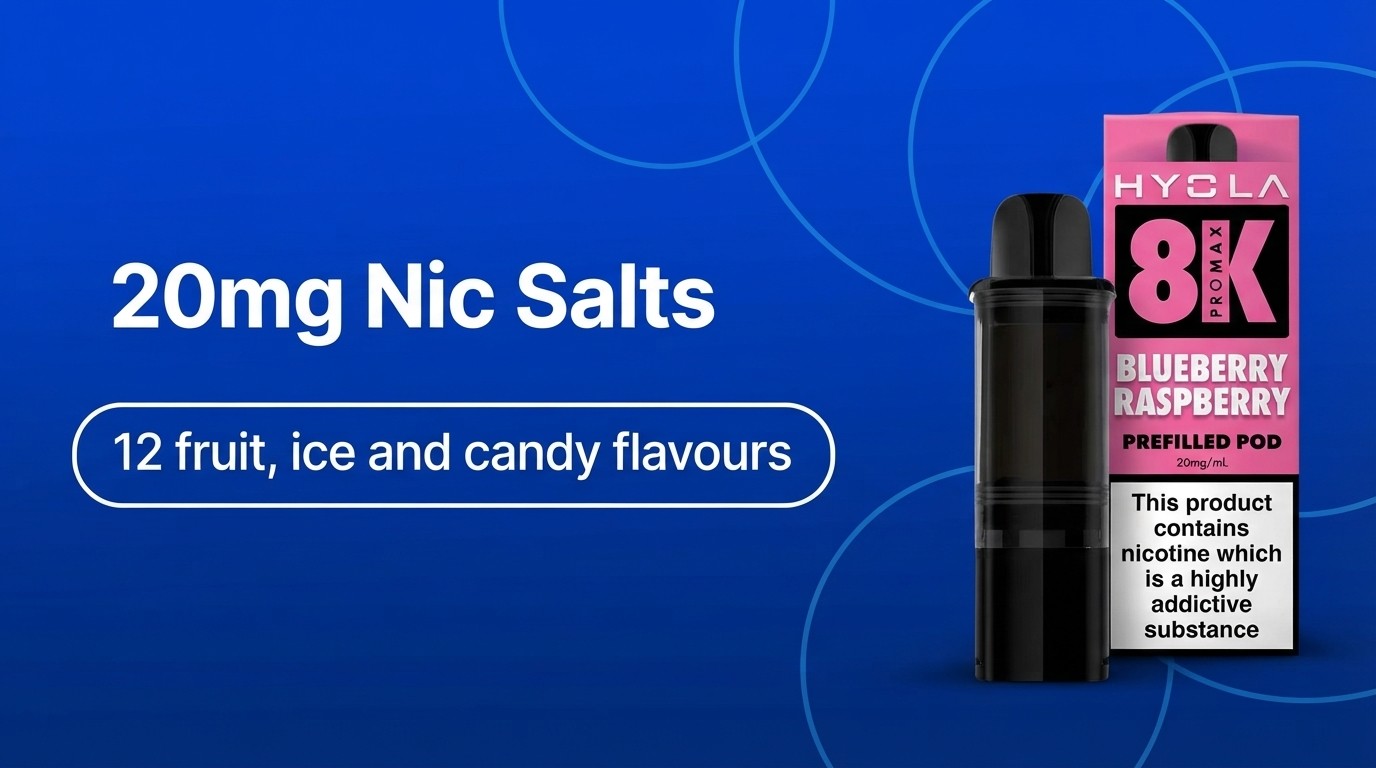 Hyola Pro Max 8K Vape Kit banner: 20mg nic salt refill packs in 12 flavours